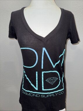 Diamond Supply Co. Women's Black V-Neck Tee with Teal Graphic